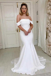 Ivory Satin Mermaid Off-the-Shoulder Simple Wedding Dress, Bridal Gown